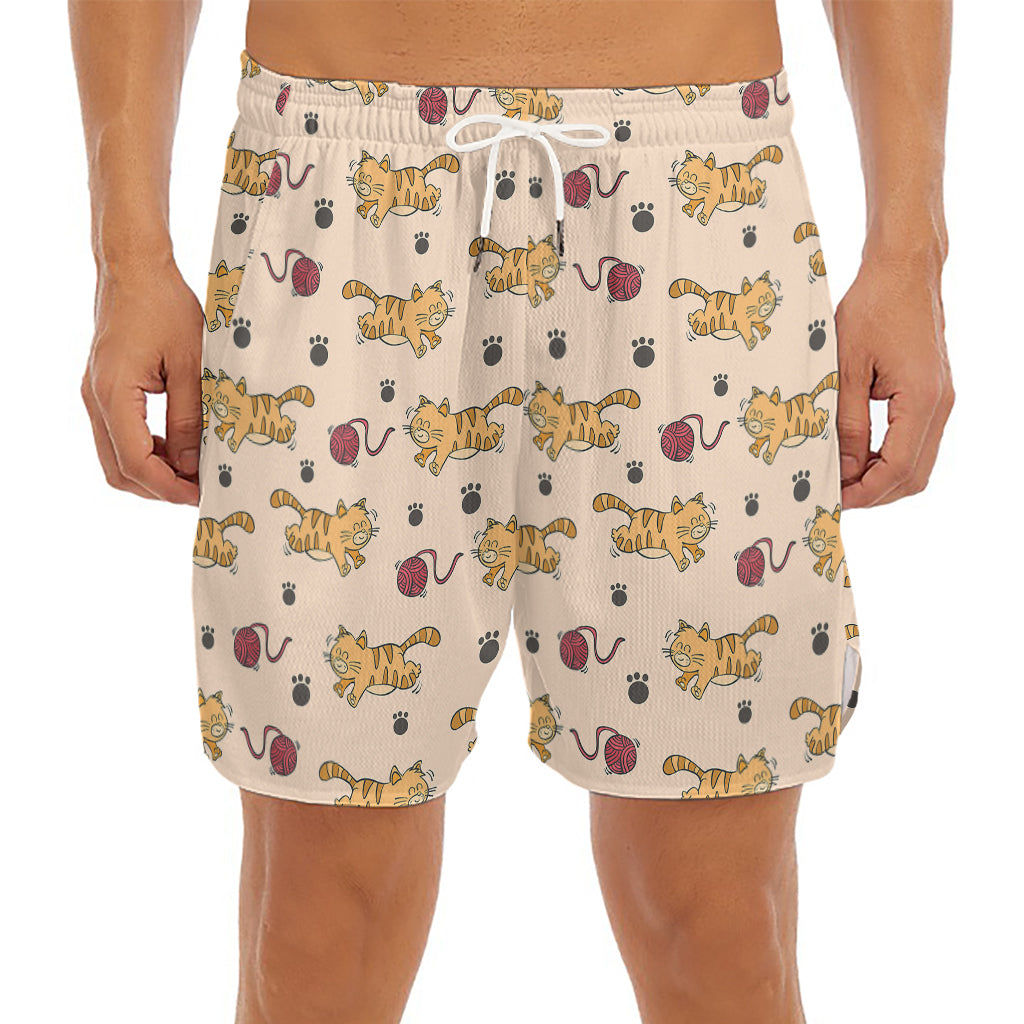 Cat And Yarn Ball Pattern Print Men's Split Running Shorts