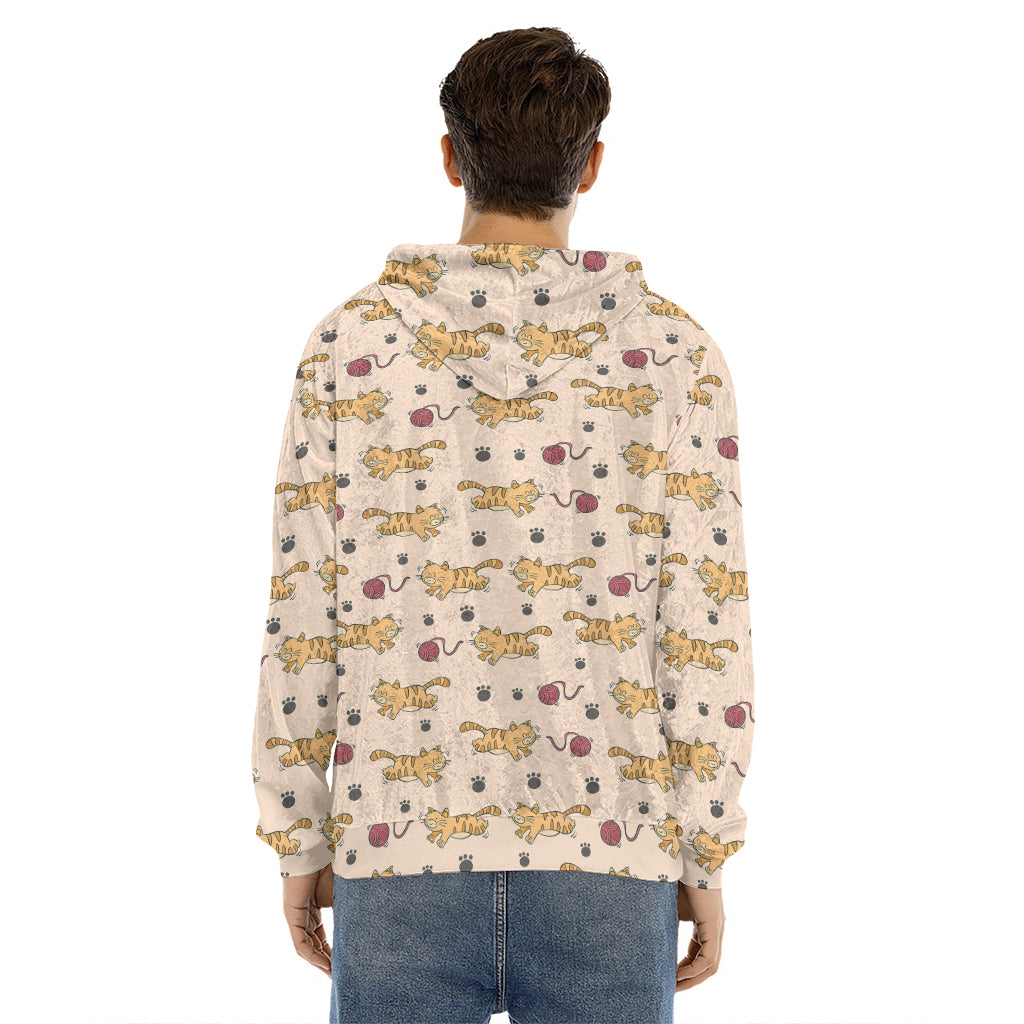 Cat And Yarn Ball Pattern Print Men's Velvet Pullover Hoodie