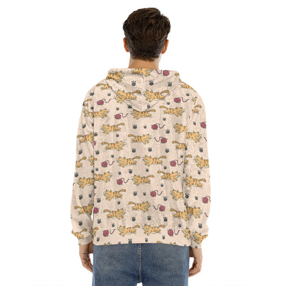 Cat And Yarn Ball Pattern Print Men's Velvet Pullover Hoodie