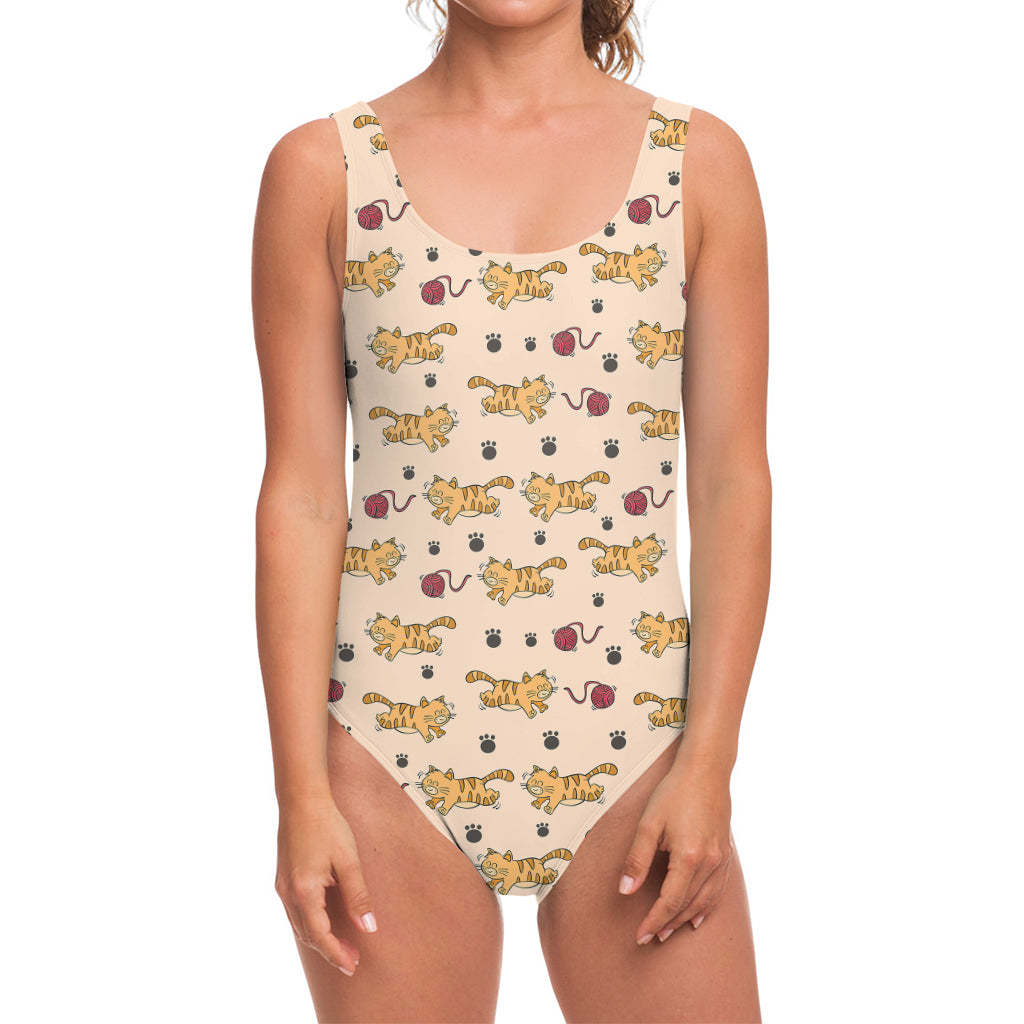 Cat And Yarn Ball Pattern Print One Piece Swimsuit
