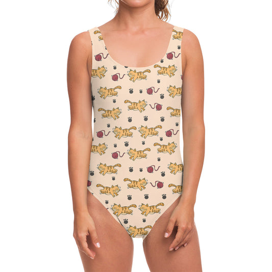 Cat And Yarn Ball Pattern Print One Piece Swimsuit