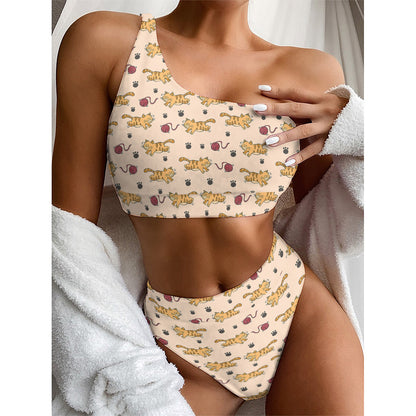 Cat And Yarn Ball Pattern Print One Shoulder Bikini Top
