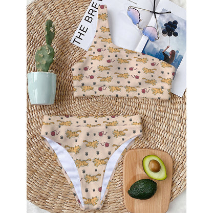 Cat And Yarn Ball Pattern Print One Shoulder Bikini Top