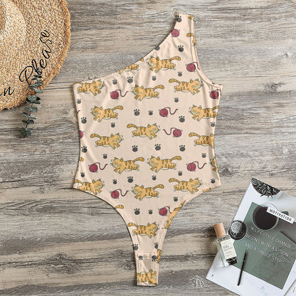 Cat And Yarn Ball Pattern Print One Shoulder Bodysuit