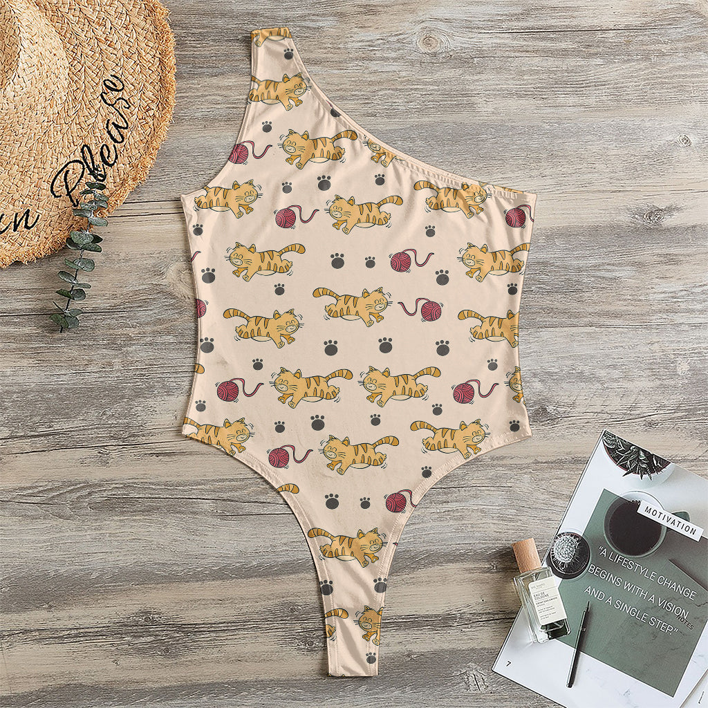 Cat And Yarn Ball Pattern Print One Shoulder Bodysuit