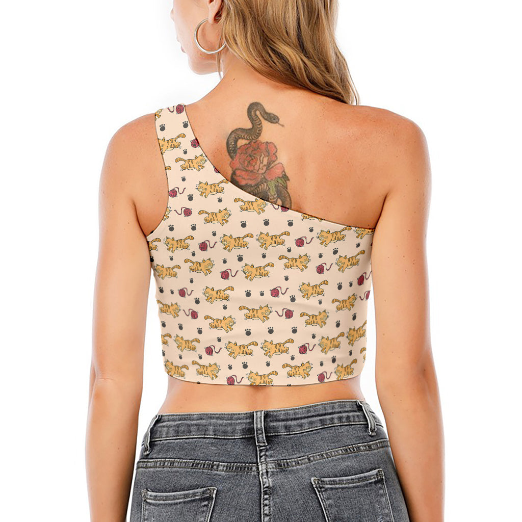 Cat And Yarn Ball Pattern Print One Shoulder Crop Top