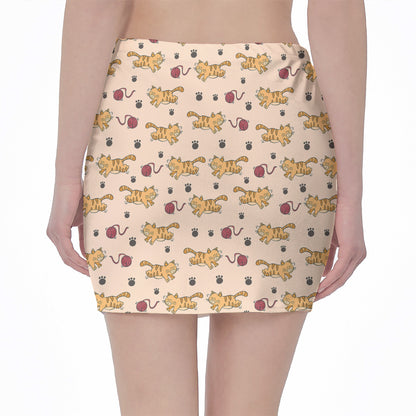 Cat And Yarn Ball Pattern Print Pencil Mini Skirt