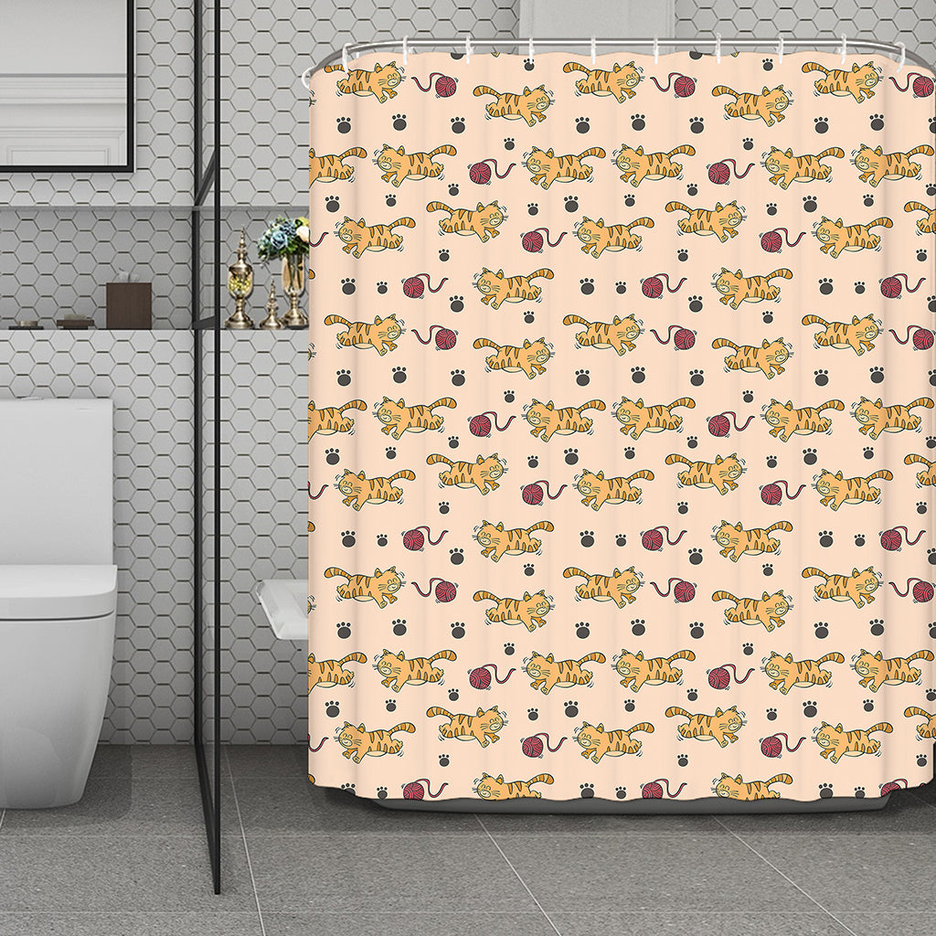 Cat And Yarn Ball Pattern Print Polyester Shower Curtain