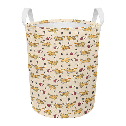 Cat And Yarn Ball Pattern Print Round Laundry Basket