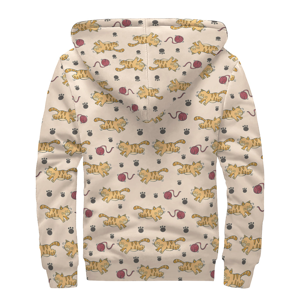 Cat And Yarn Ball Pattern Print Sherpa Lined Zip Up Hoodie