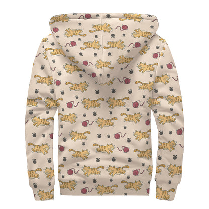 Cat And Yarn Ball Pattern Print Sherpa Lined Zip Up Hoodie