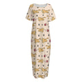 Cat And Yarn Ball Pattern Print Short Sleeve Long Nightdress