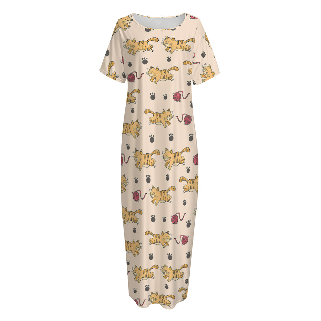 Cat And Yarn Ball Pattern Print Short Sleeve Long Nightdress