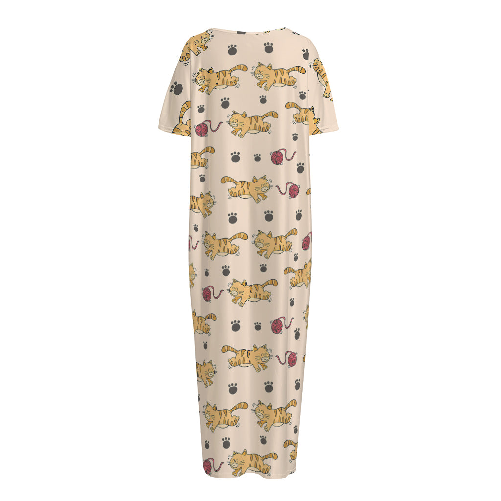 Cat And Yarn Ball Pattern Print Short Sleeve Long Nightdress