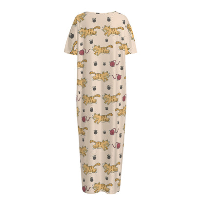 Cat And Yarn Ball Pattern Print Short Sleeve Long Nightdress
