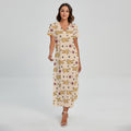Cat And Yarn Ball Pattern Print Short Sleeve Maxi Dress