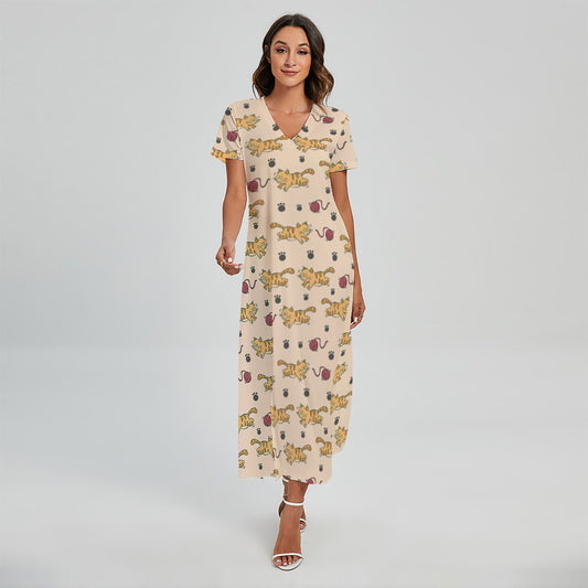 Cat And Yarn Ball Pattern Print Short Sleeve Maxi Dress