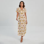 Cat And Yarn Ball Pattern Print Short Sleeve Maxi Dress