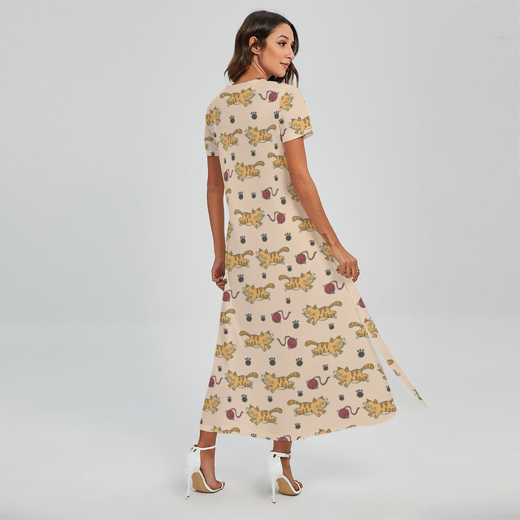 Cat And Yarn Ball Pattern Print Short Sleeve Maxi Dress