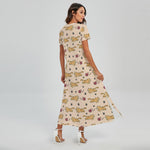 Cat And Yarn Ball Pattern Print Short Sleeve Maxi Dress