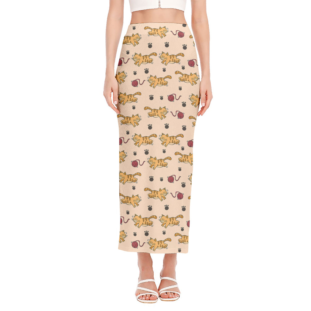 Cat And Yarn Ball Pattern Print Side Slit Maxi Skirt