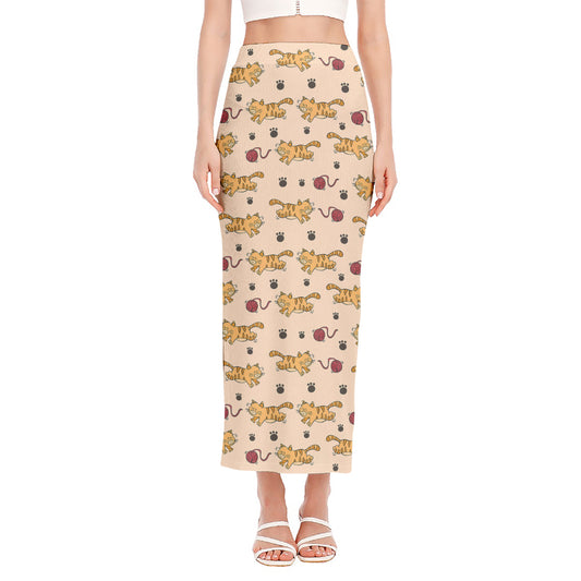Cat And Yarn Ball Pattern Print Side Slit Maxi Skirt