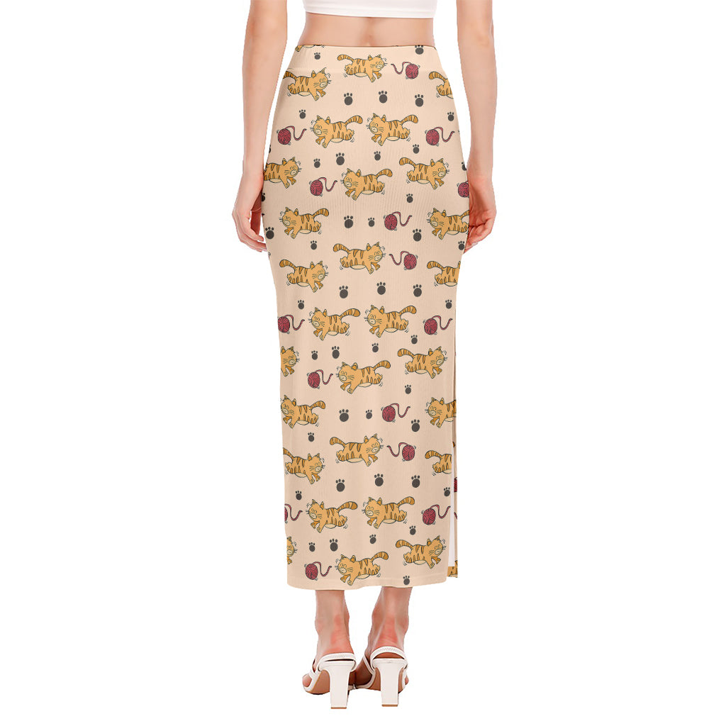 Cat And Yarn Ball Pattern Print Side Slit Maxi Skirt