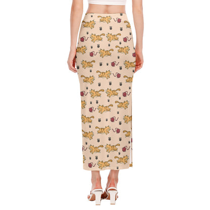 Cat And Yarn Ball Pattern Print Side Slit Maxi Skirt