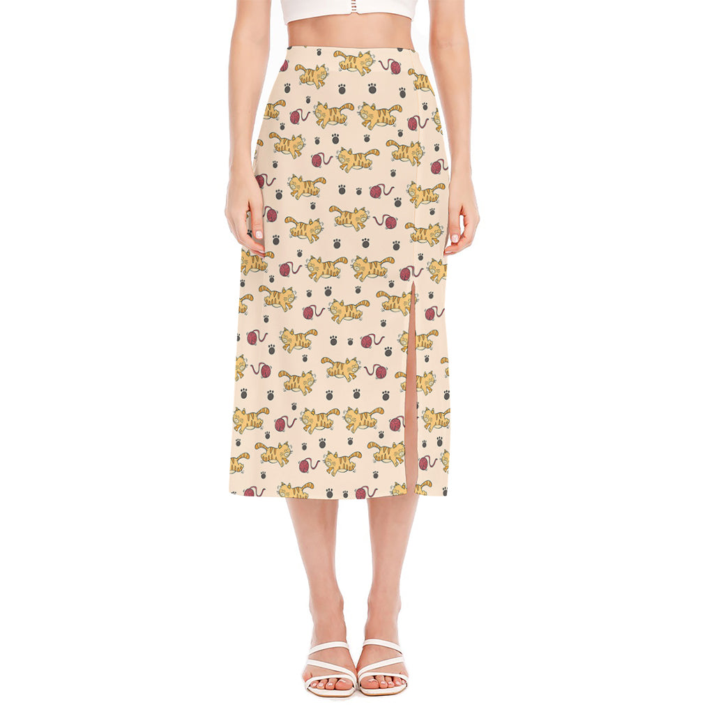 Cat And Yarn Ball Pattern Print Side Slit Midi Skirt