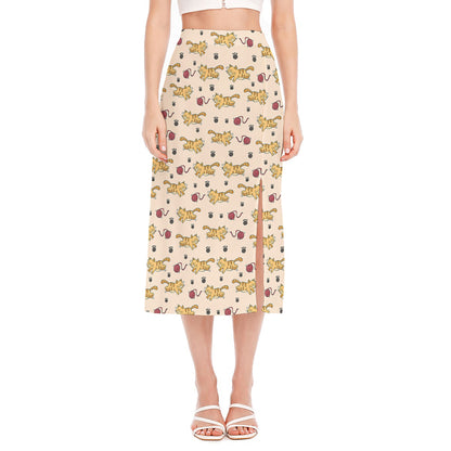 Cat And Yarn Ball Pattern Print Side Slit Midi Skirt