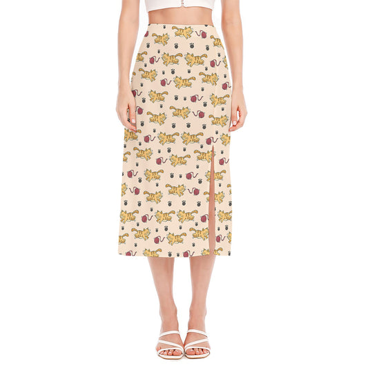Cat And Yarn Ball Pattern Print Side Slit Midi Skirt