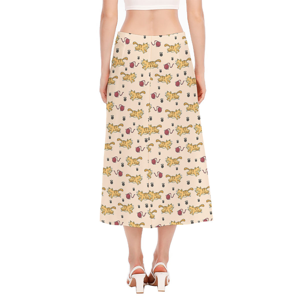 Cat And Yarn Ball Pattern Print Side Slit Midi Skirt