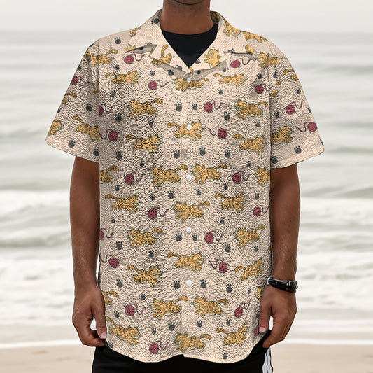 Cat And Yarn Ball Pattern Print Textured Short Sleeve Shirt