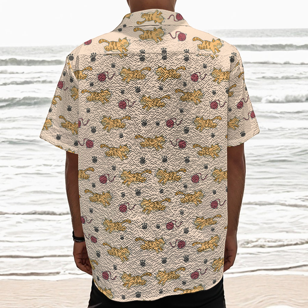 Cat And Yarn Ball Pattern Print Textured Short Sleeve Shirt