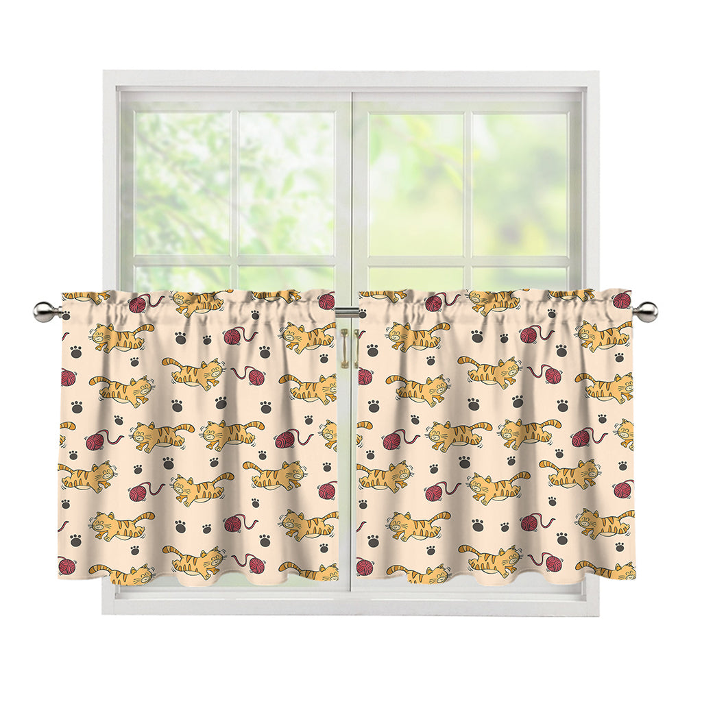 Cat And Yarn Ball Pattern Print Tier Curtains