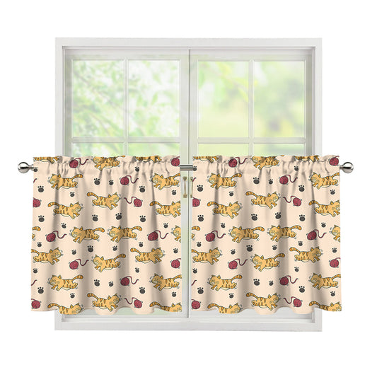 Cat And Yarn Ball Pattern Print Tier Curtains