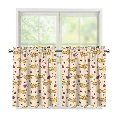 Cat And Yarn Ball Pattern Print Tier Curtains