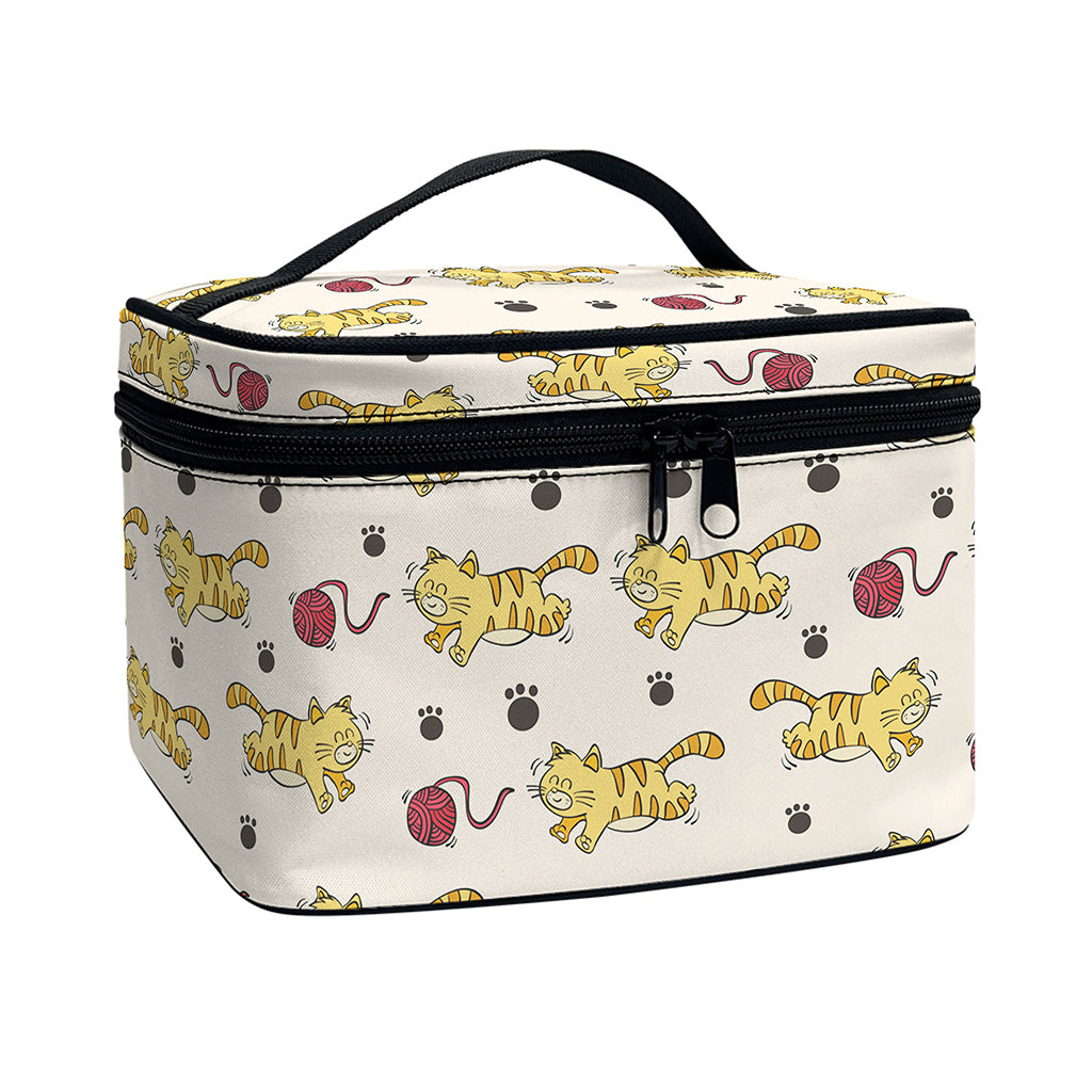 Cat And Yarn Ball Pattern Print Travel Makeup Bag