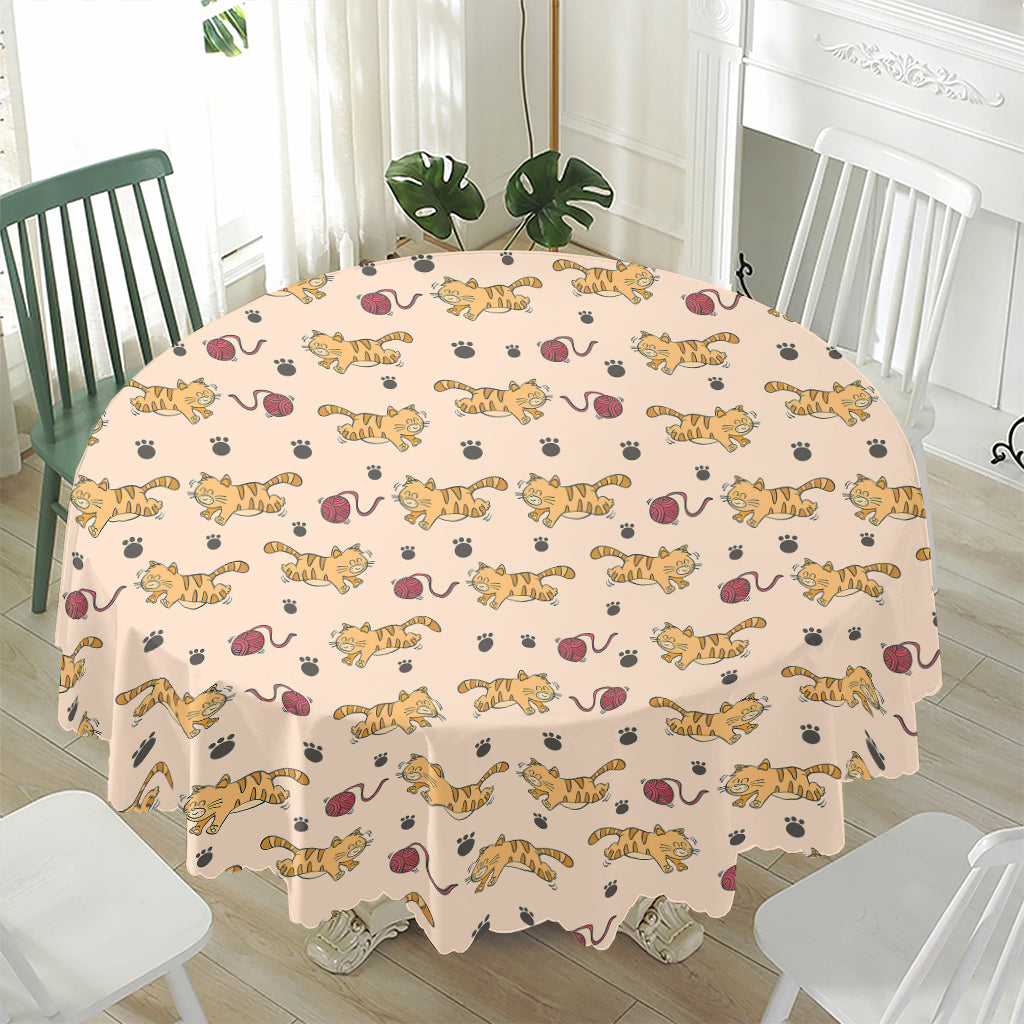 Cat And Yarn Ball Pattern Print Waterproof Round Tablecloth