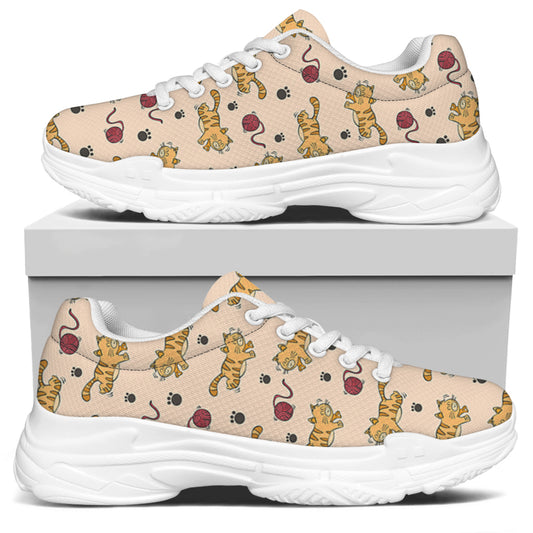 Cat And Yarn Ball Pattern Print White Chunky Shoes
