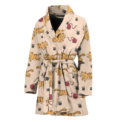 Cat And Yarn Ball Pattern Print Women's Bathrobe