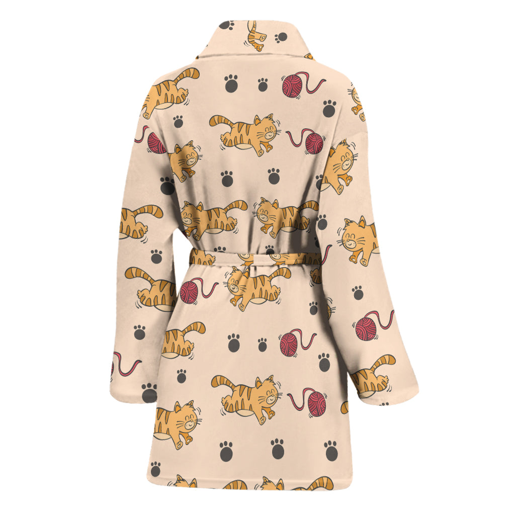 Cat And Yarn Ball Pattern Print Women's Bathrobe