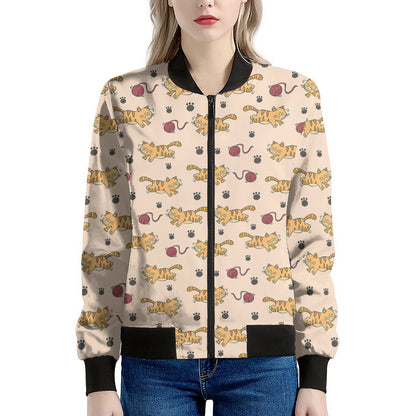 Cat And Yarn Ball Pattern Print Women's Bomber Jacket