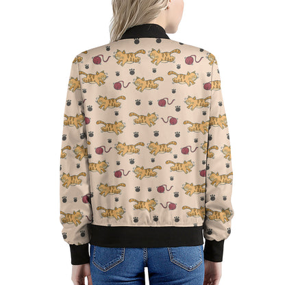 Cat And Yarn Ball Pattern Print Women's Bomber Jacket