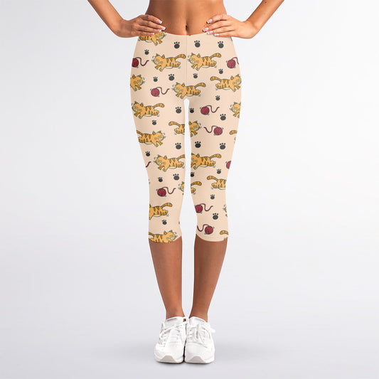 Cat And Yarn Ball Pattern Print Women's Capri Leggings