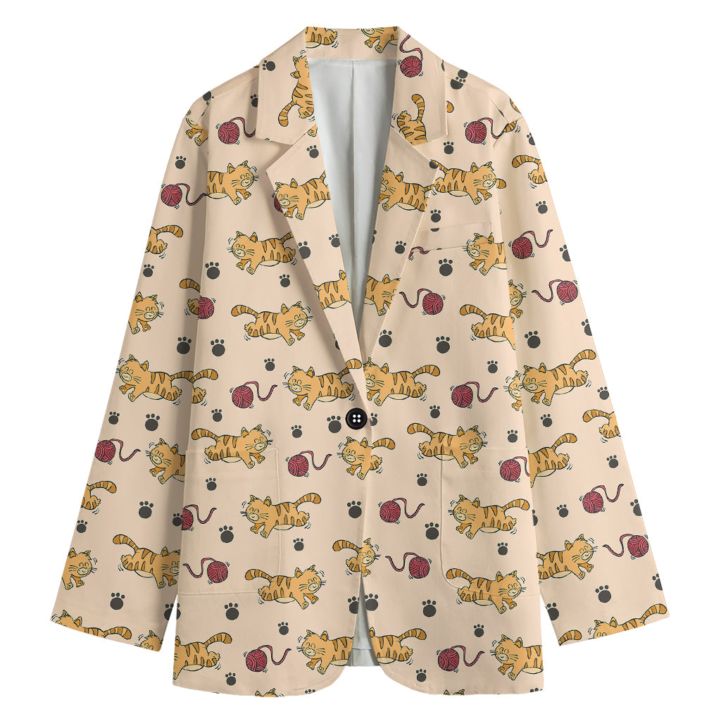 Cat And Yarn Ball Pattern Print Women's Cotton Blazer