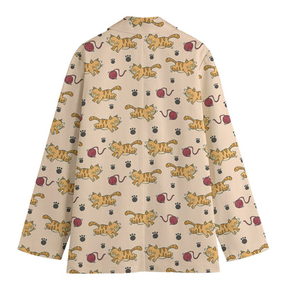 Cat And Yarn Ball Pattern Print Women's Cotton Blazer