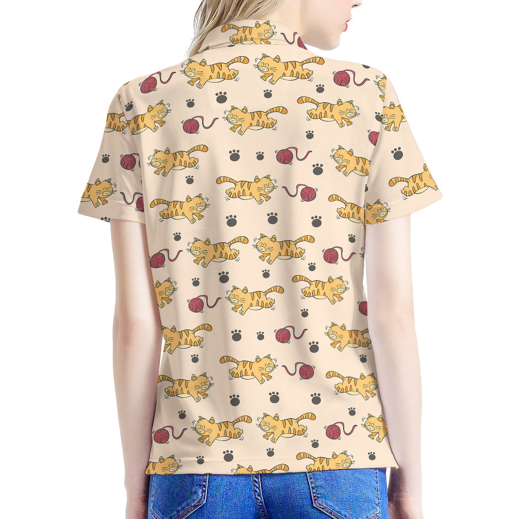 Cat And Yarn Ball Pattern Print Women's Polo Shirt