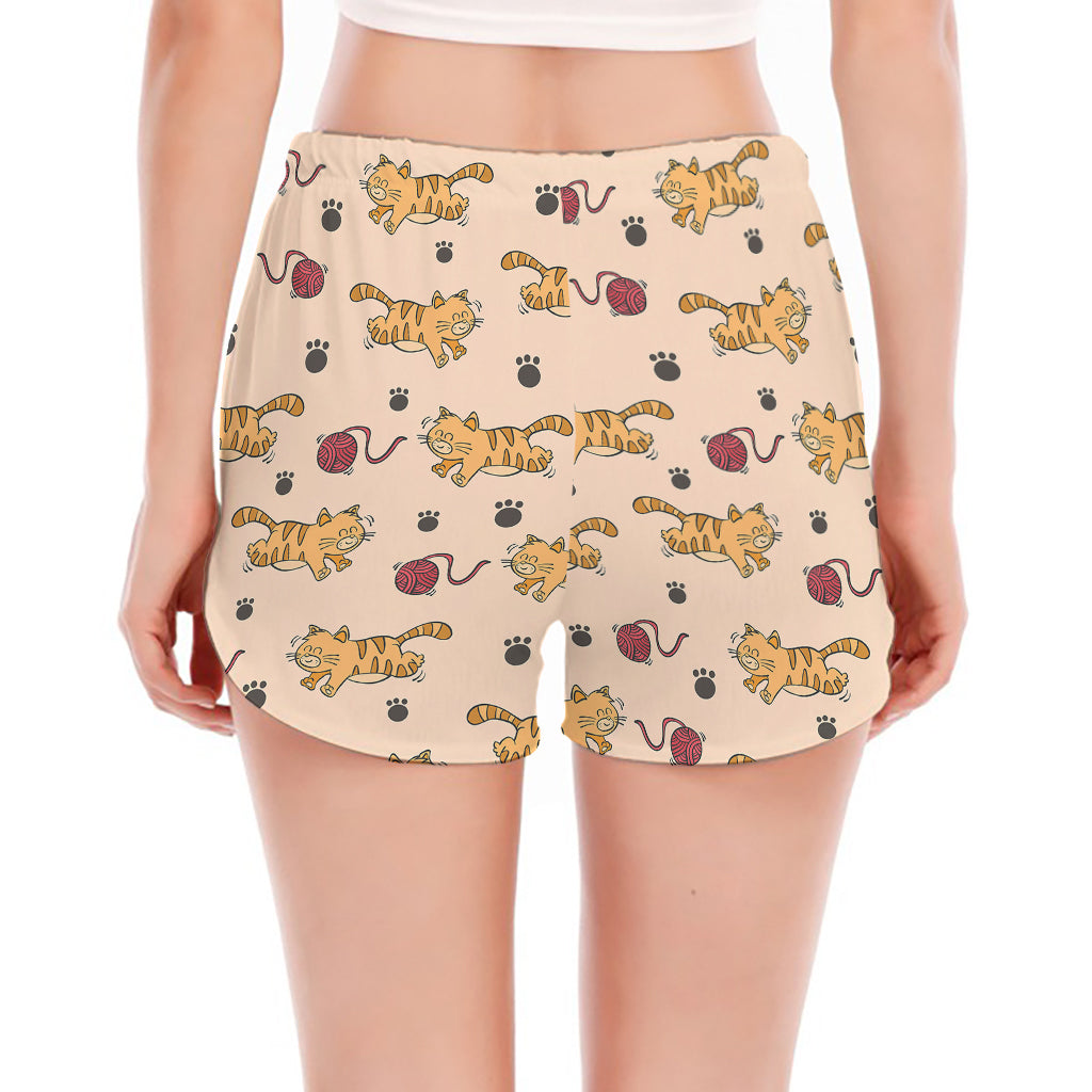 Cat And Yarn Ball Pattern Print Women's Split Running Shorts