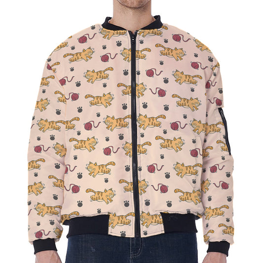 Cat And Yarn Ball Pattern Print Zip Sleeve Bomber Jacket
